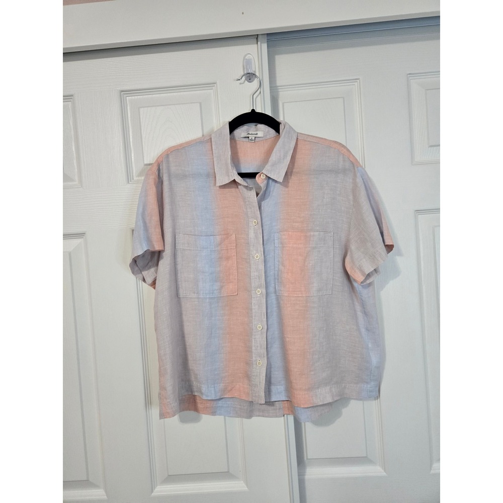 Madewell Medium Linen Short Sleeve Button Up Shirt Pastel Ombre Stripe